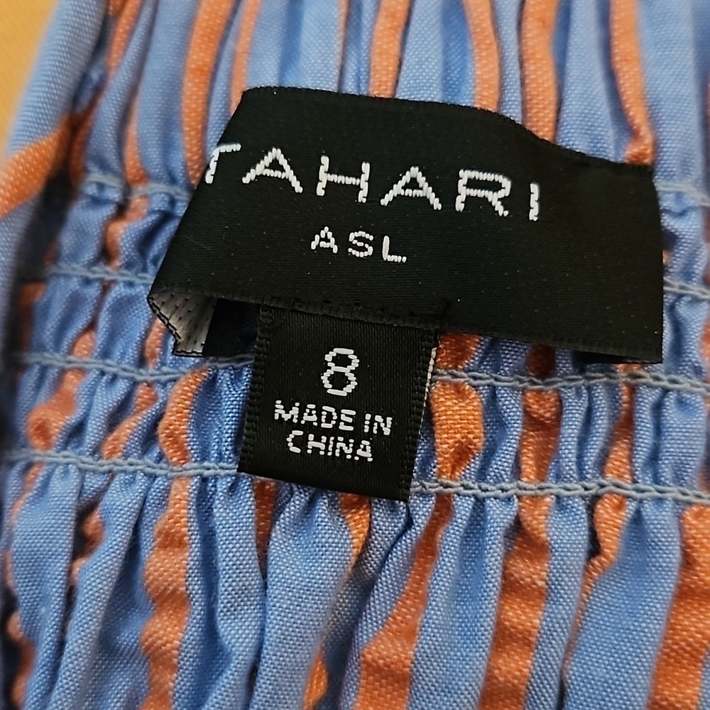 TAHARI Cotton Striped Smocked Ruffle Seersucker Midi Doll Dress - Picture 9 of 11